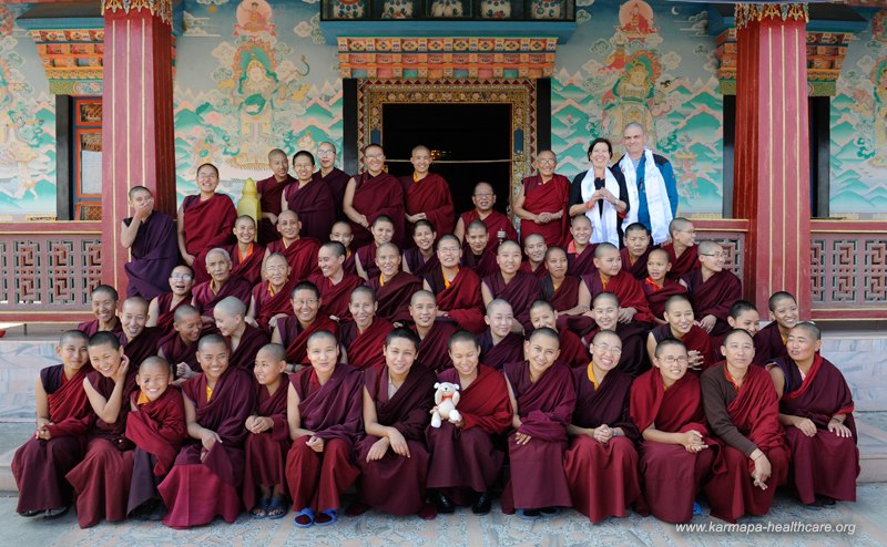 KHCP Sherab Gyaltsen Rinpoche with his nuns, Tashi the bear and Pia Peter