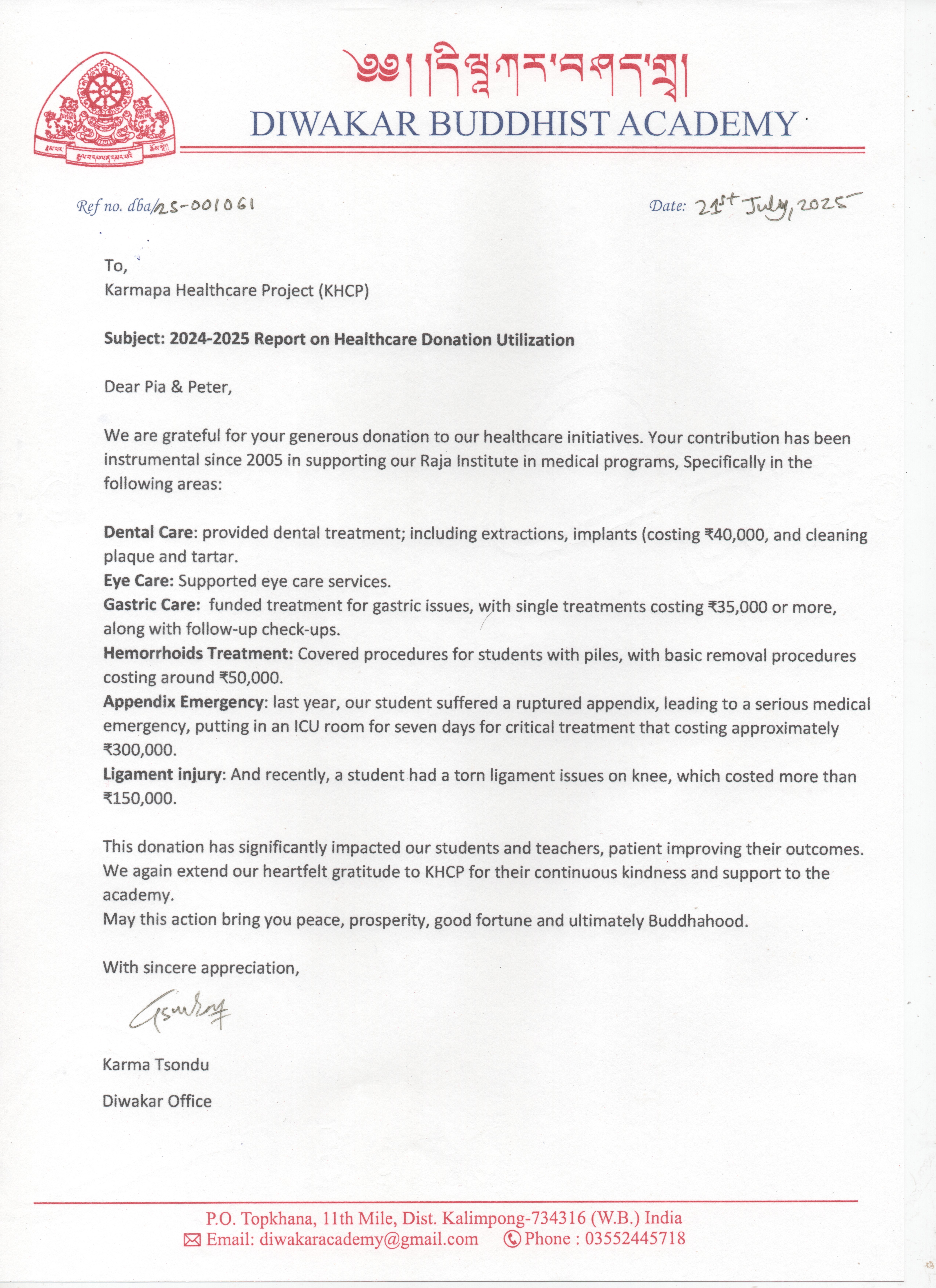 letter 20250722 Shedra KHCP 20Y