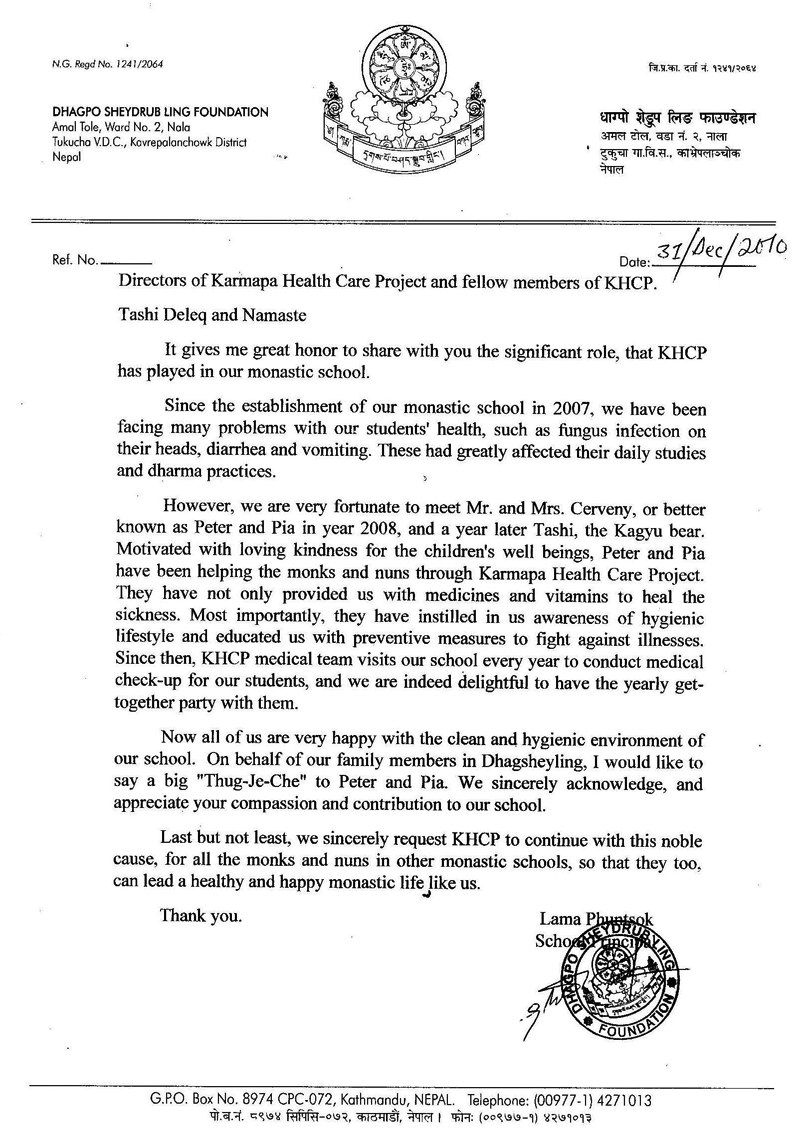 Letter from Lama Phuntsok (Daghpo Shedrup Ling), the monastic school of Sherab Gyaltsen Rinpoche in Kathmandu/Nepal